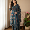 Midnight Teal Blue Floral Pure Cotton Suit Set