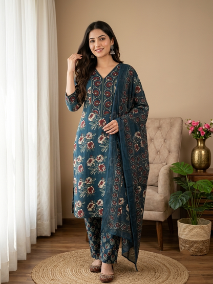 Midnight Teal Blue Floral Pure Cotton Suit Set