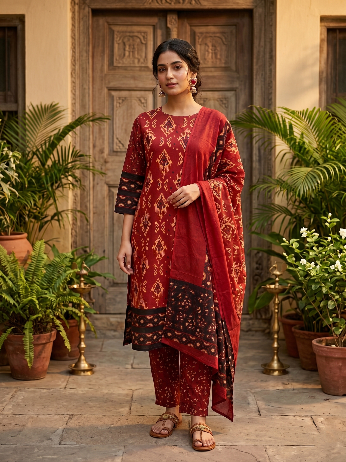 Heritage Red Ikat Pure Cotton Dupatta Set