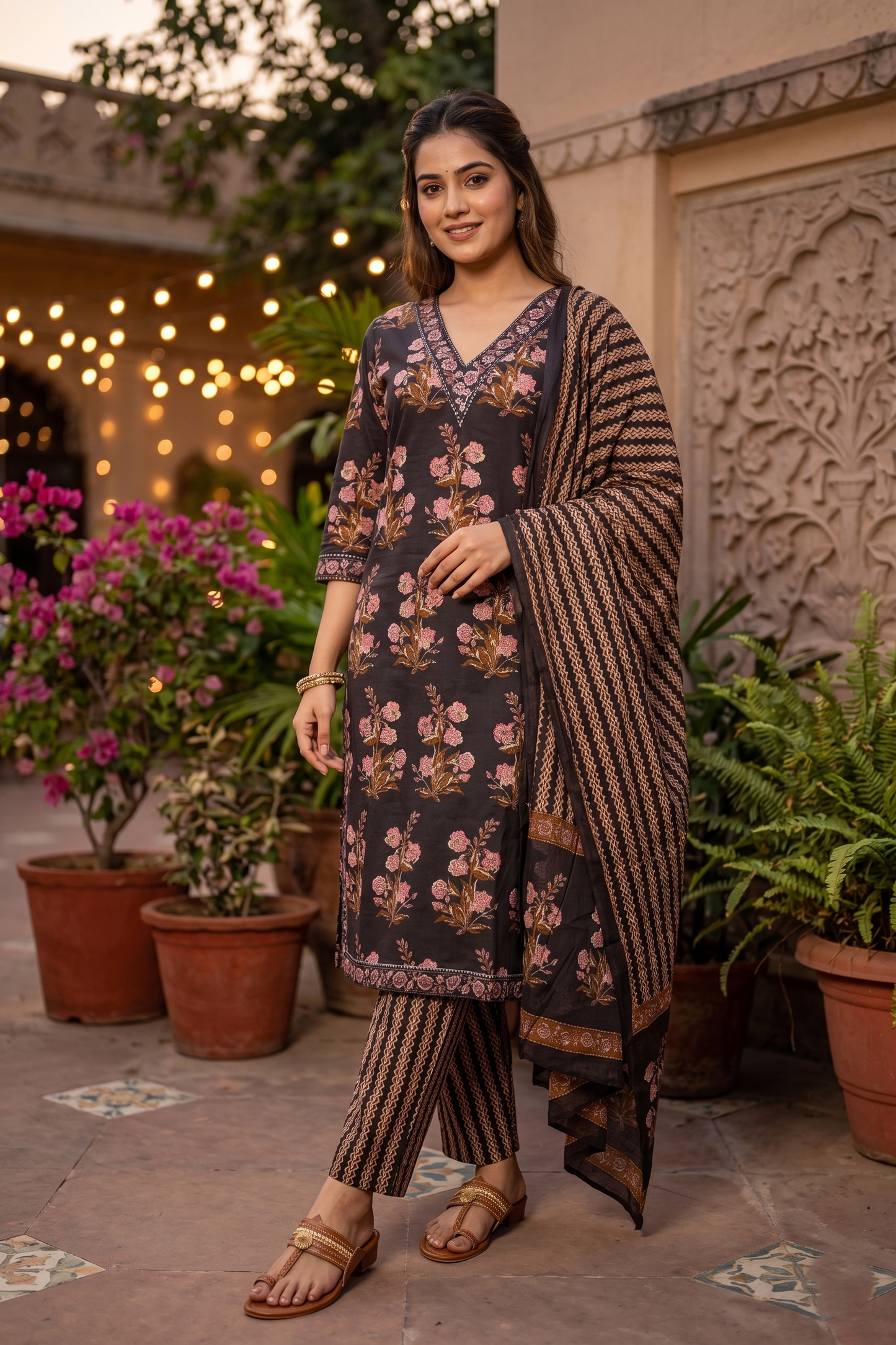 Charcoal Rose Noir Pure Cotton Straight Suit Set