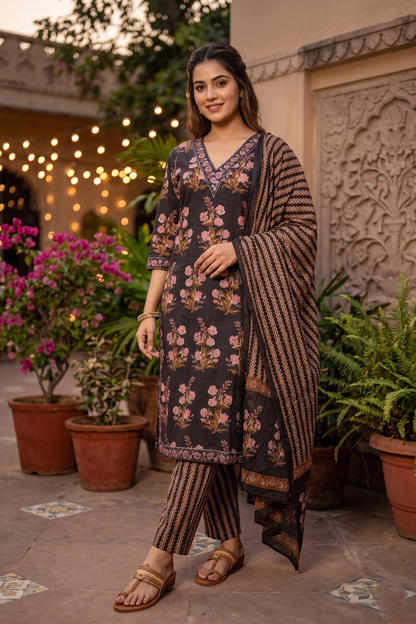Charcoal Rose Noir Pure Cotton Straight Suit Set