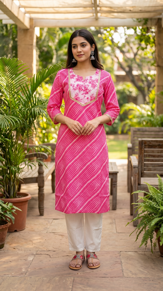 Pink Petal Leheriya Cotton Kurta