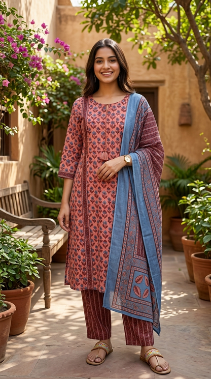 Coral Blossom Jaipur Cotton Suit Set