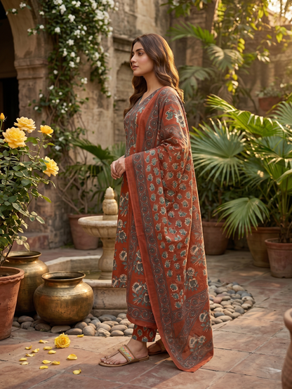 Rust Mughal Floral Cotton Suit Set