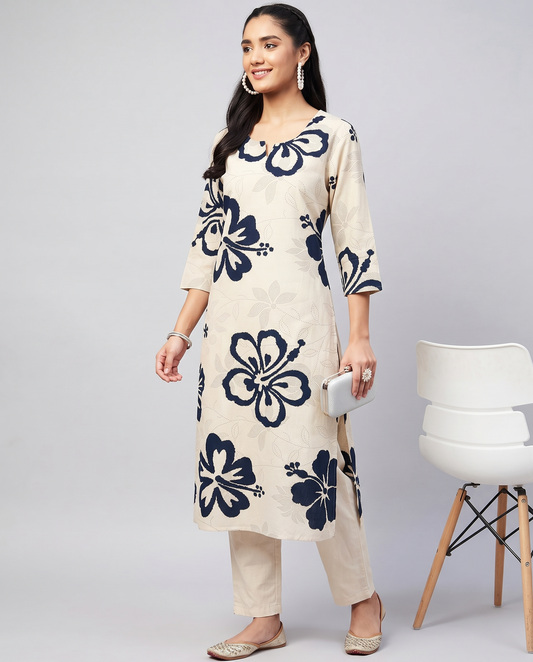 Ivory Blue Hibiscus Cotton Flex Kurta