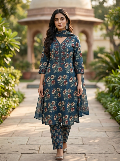 Midnight Teal Blue Floral Pure Cotton Suit Set