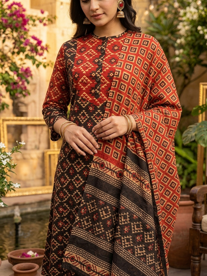 Black Tribal Heritage Jaipur Cotton Suit Set