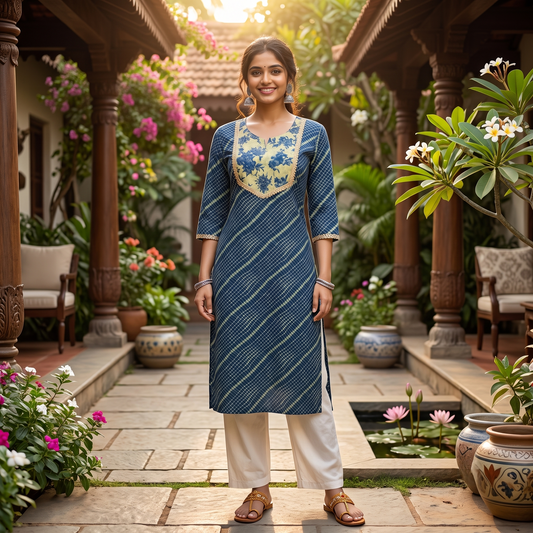 Ink Blue Leheriya Cotton Kurta