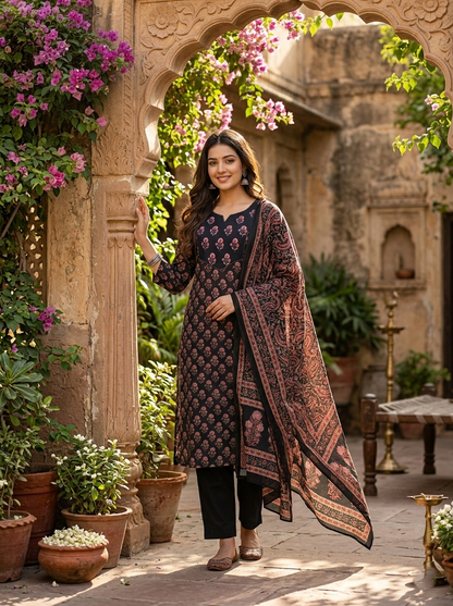 Black Sanganeri Floral Jaal Cotton Suit Set