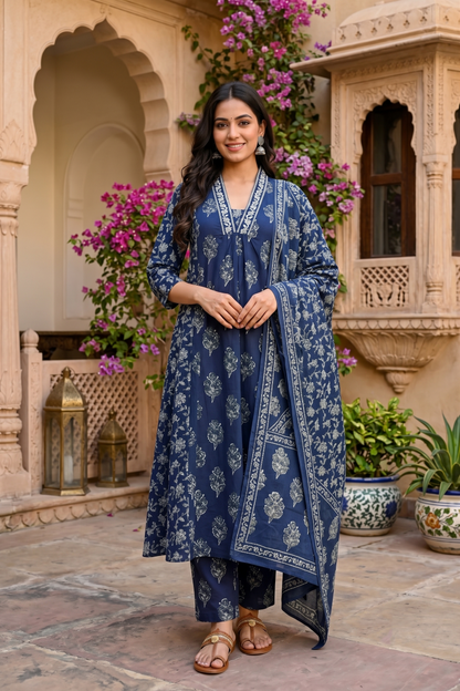Royal Navy Blue Buta Pure Cotton Suit Set