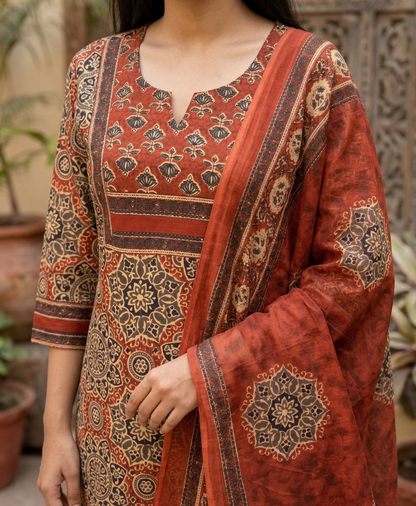 Rust Kalamkari Print Cotton Suit Set