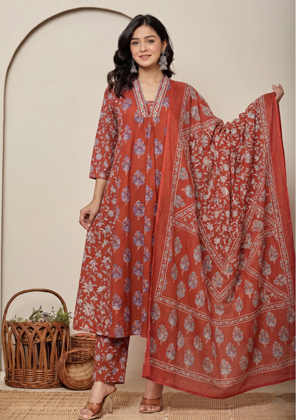 Heritage Rust Buta Pure Cotton Suit Set