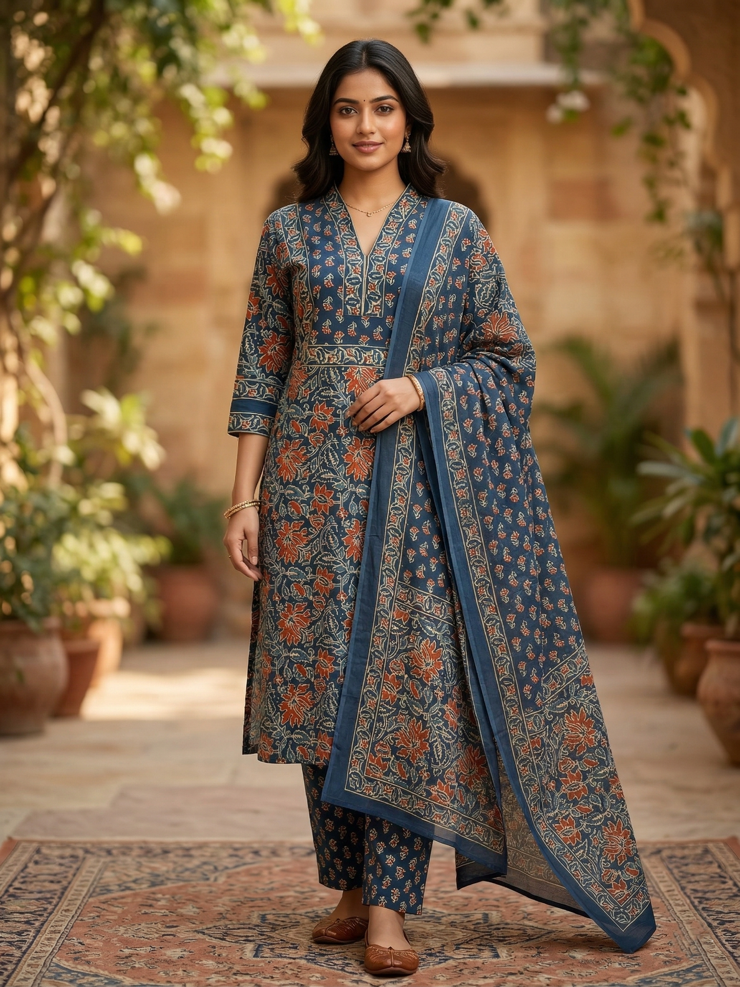 Blue Sanganeri Floral Jaal Cotton Suit Set