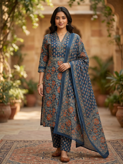 Blue Sanganeri Floral Jaal Cotton Suit Set
