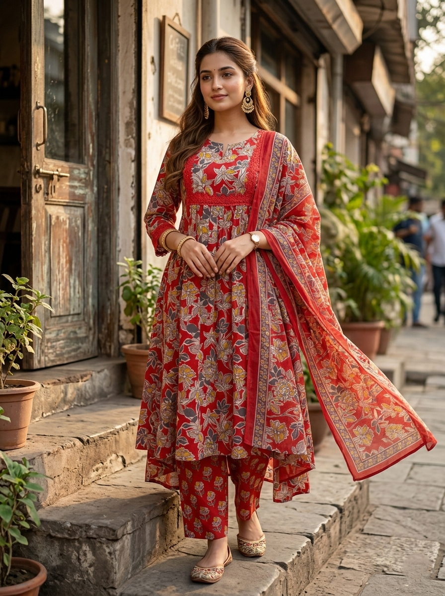 Red Sanganeri Floral Cotton Suit Set