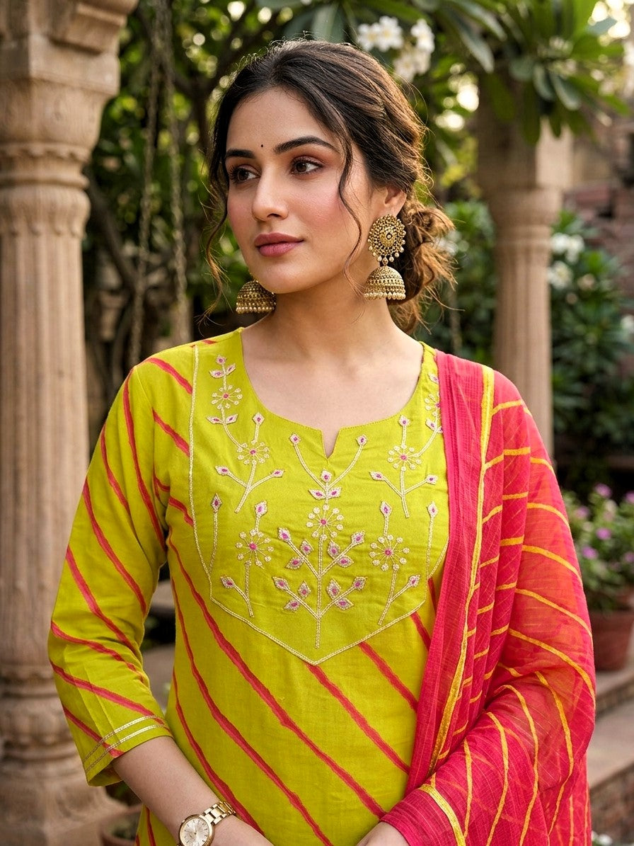 Lime Green Leheriya Jaipur Cotton Suit Set