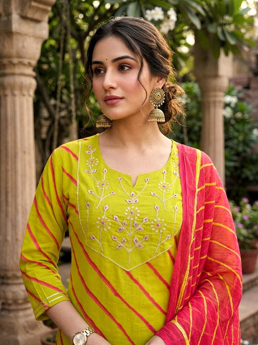 Lime Green Leheriya Jaipur Cotton Suit Set