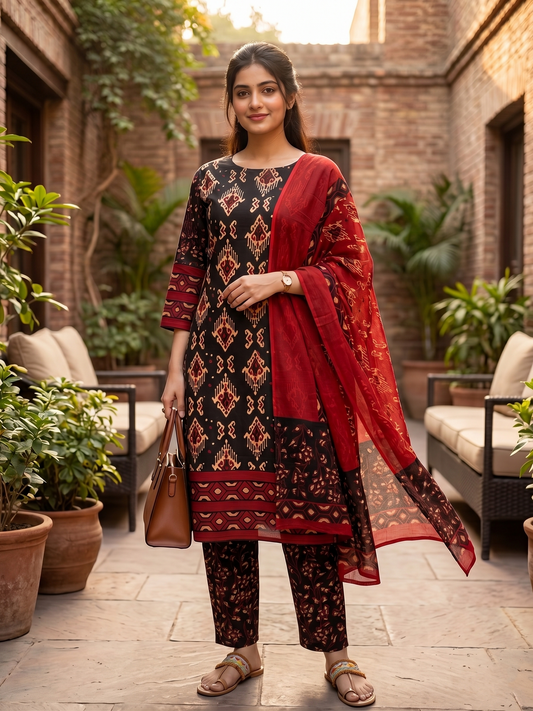Heritage Black Ikat Pure Cotton Dupatta Set