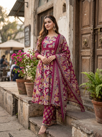 Berry Magenta Sanganeri Floral Cotton Suit Set
