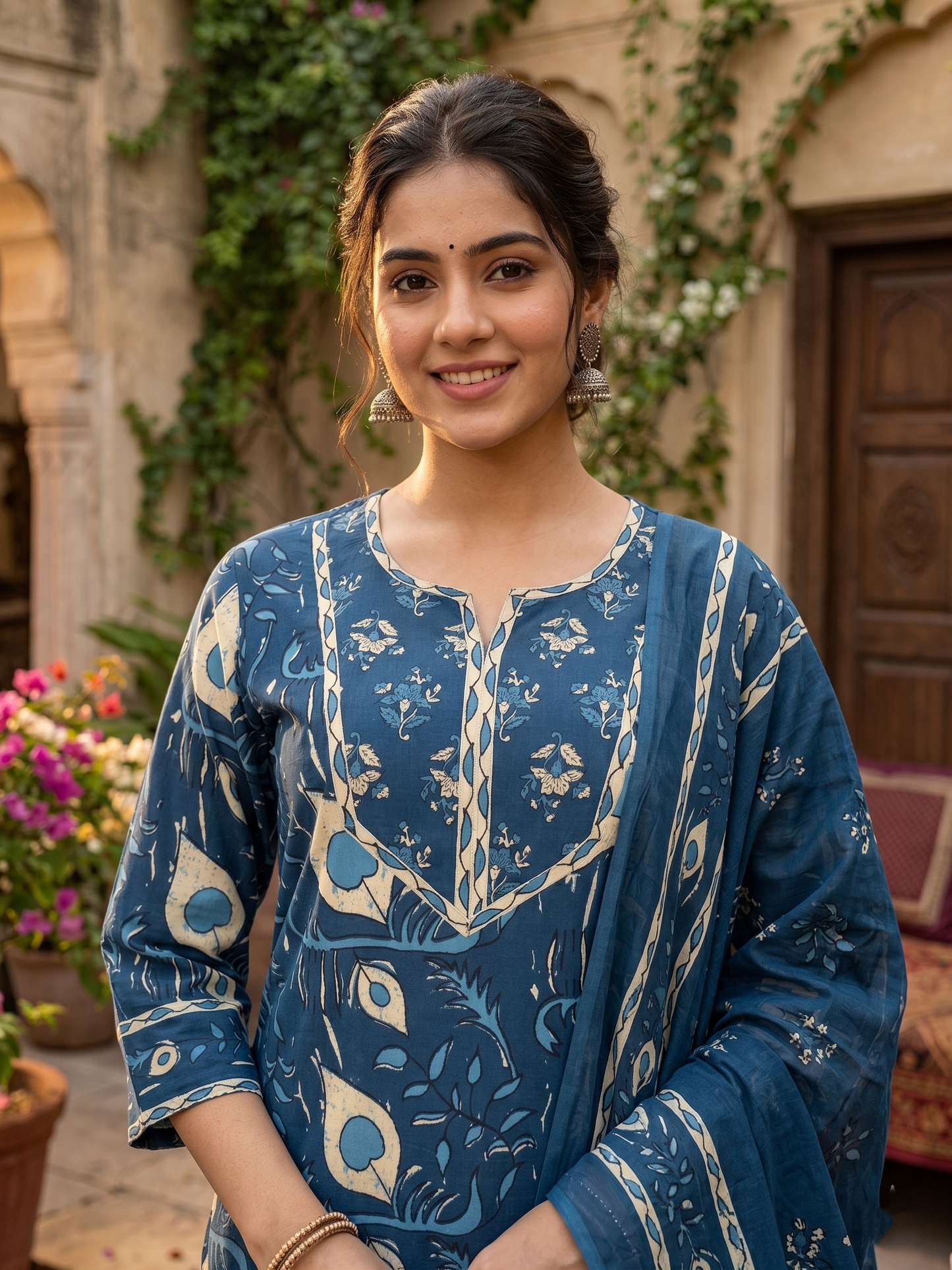 Indigo Bloom Pure Cotton Straight Suit Set