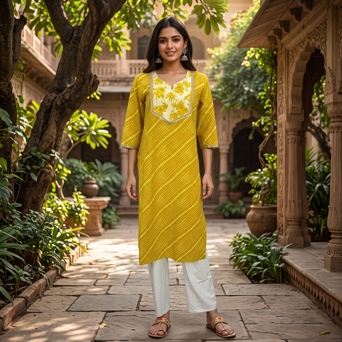 Yellow Leheriya Cotton Kurta