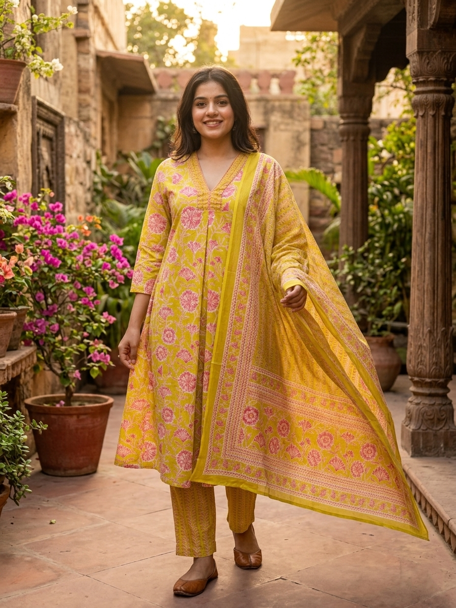 Lime Blossom Floral Cotton Suit Set