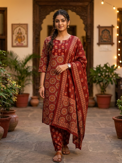 Brick Ajrakh Jaipur Cotton Suit Set