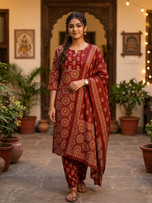 Brick Ajrakh Jaipur Cotton Suit Set