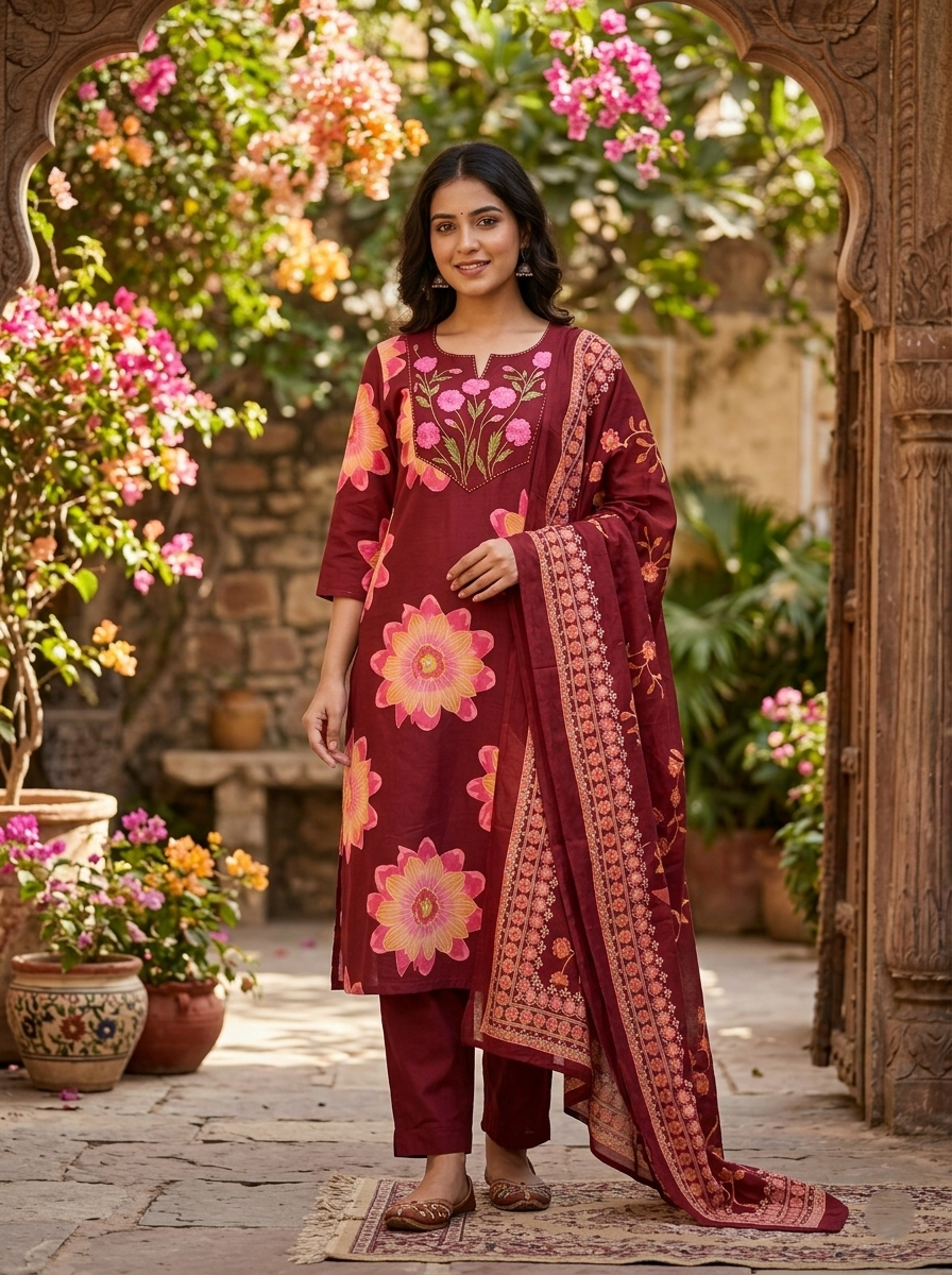 Mehroon Yoke Embroidery Cotton Suit Set