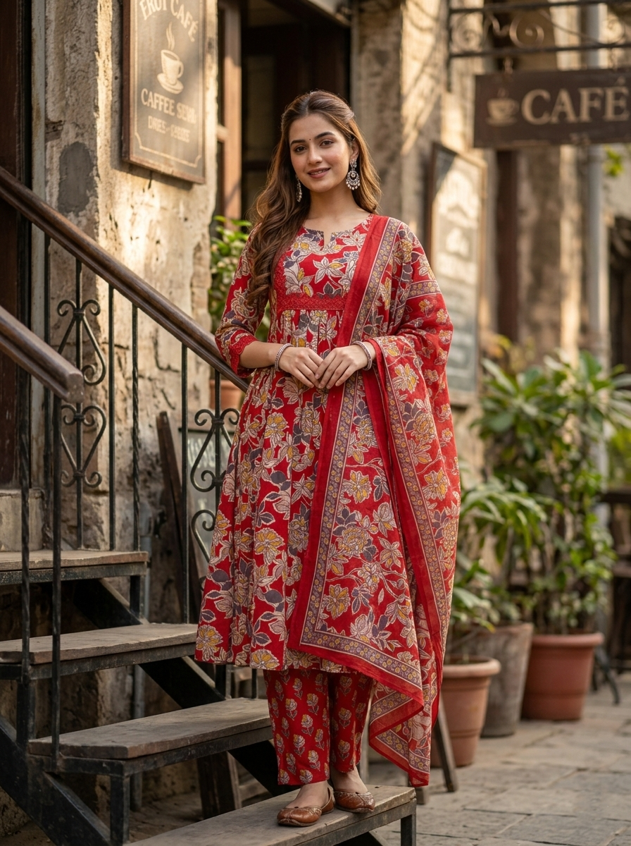 Red Sanganeri Floral Cotton Suit Set