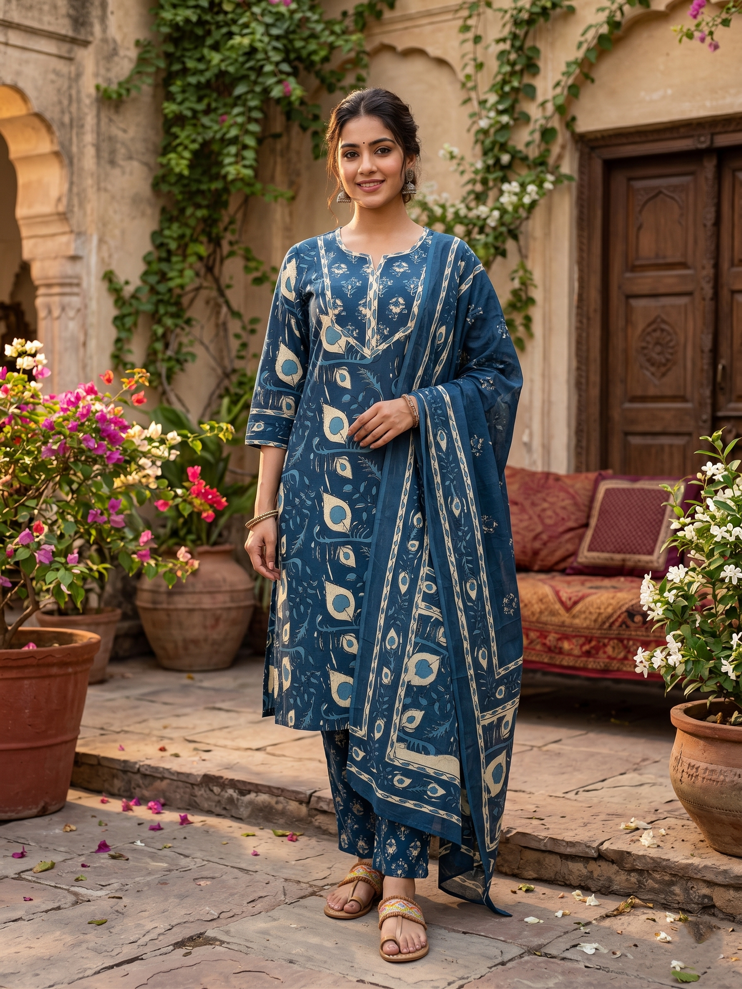 Indigo Bloom Pure Cotton Straight Suit Set