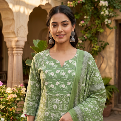 Sage Blossom Jaipur Cotton Suit Set