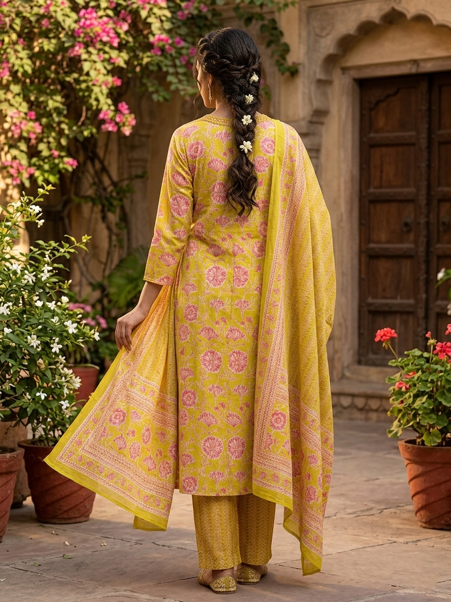 Lime Blossom Floral Cotton Suit Set