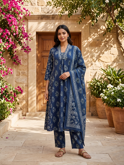 Royal Navy Blue Buta Pure Cotton Suit Set