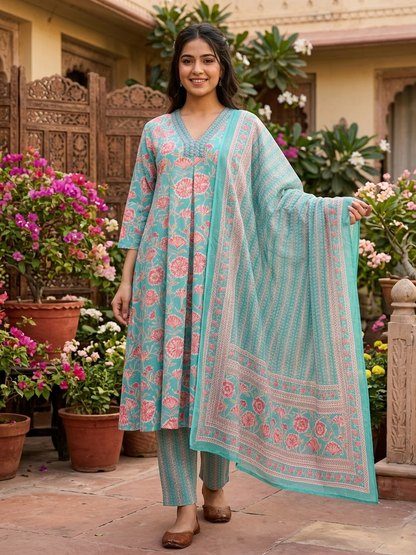 Aqua Blossom Floral Cotton Suit Set