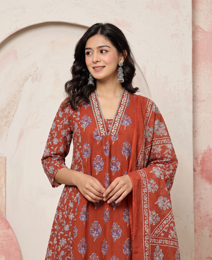 Heritage Rust Buta Pure Cotton Suit Set