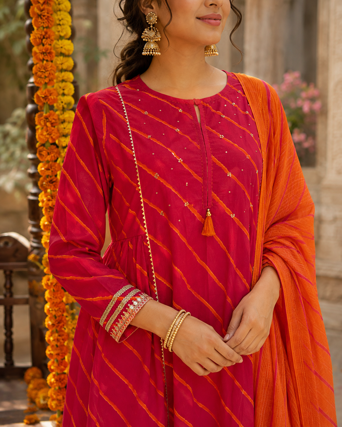 Laal Kesari Leheriya Cotton Suit Set