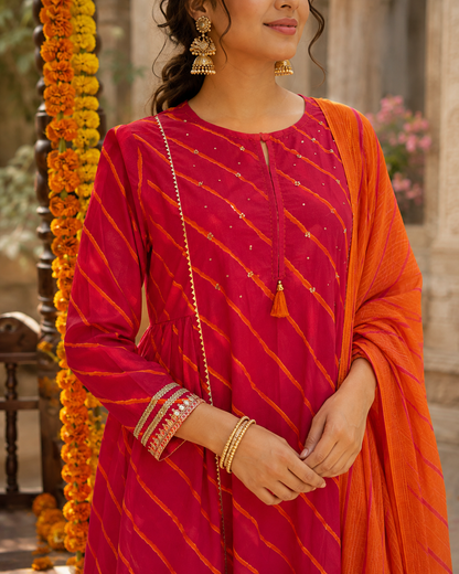 Laal Kesari Leheriya Cotton Suit Set