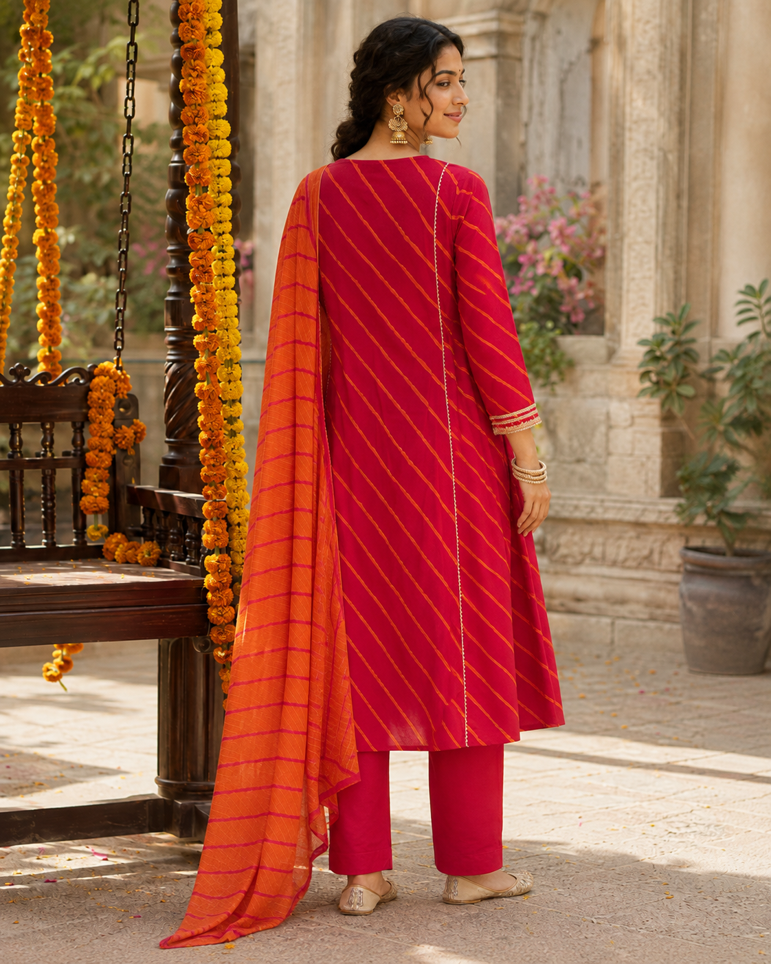 Laal Kesari Leheriya Cotton Suit Set