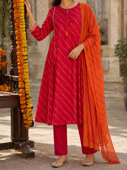 Laal Kesari Leheriya Cotton Suit Set