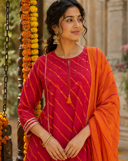 Laal Kesari Leheriya Cotton Suit Set