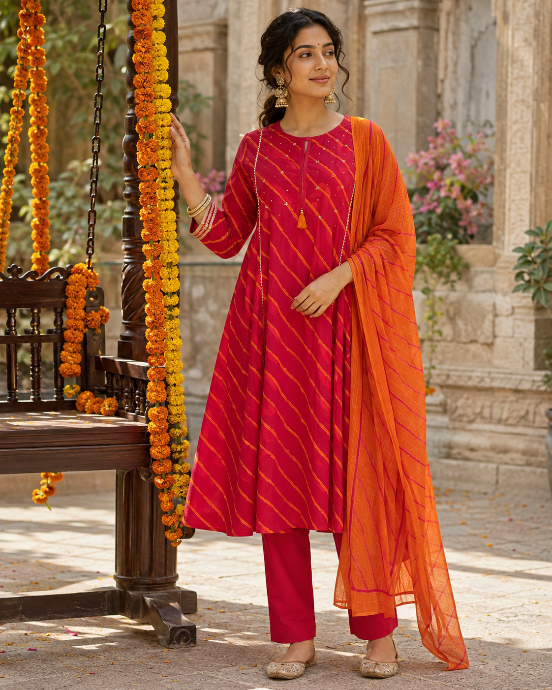 Laal Kesari Leheriya Cotton Suit Set