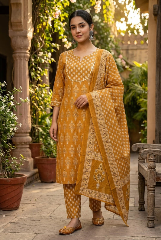 Mustard Kanak Bagh Cotton Suit Set