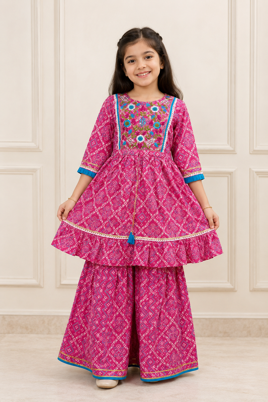 Gulabi Phool Pari Girls Sharara Set