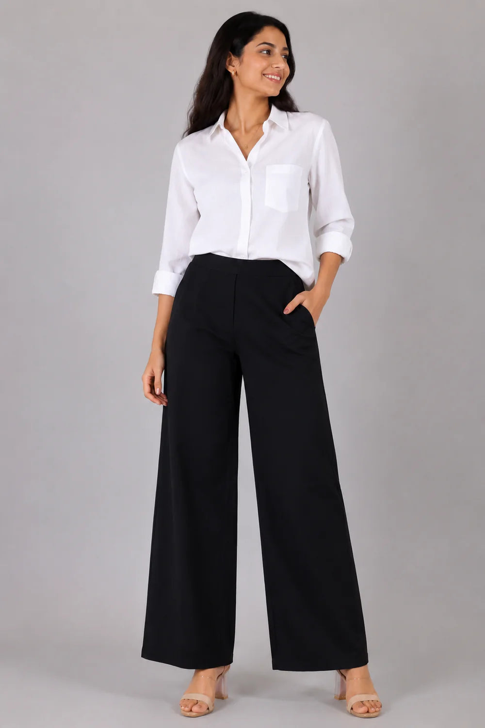 Black Easy Wide-Leg Pants - Pure Cotton Stretch