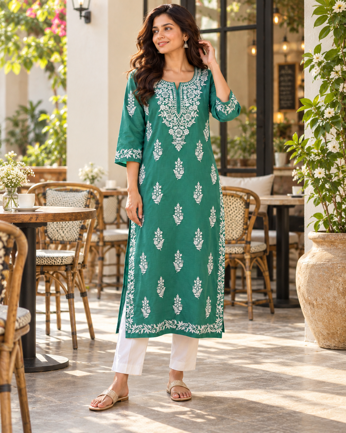 Jade Green Embroidered Cotton Kurta – Cafe lifestyle look