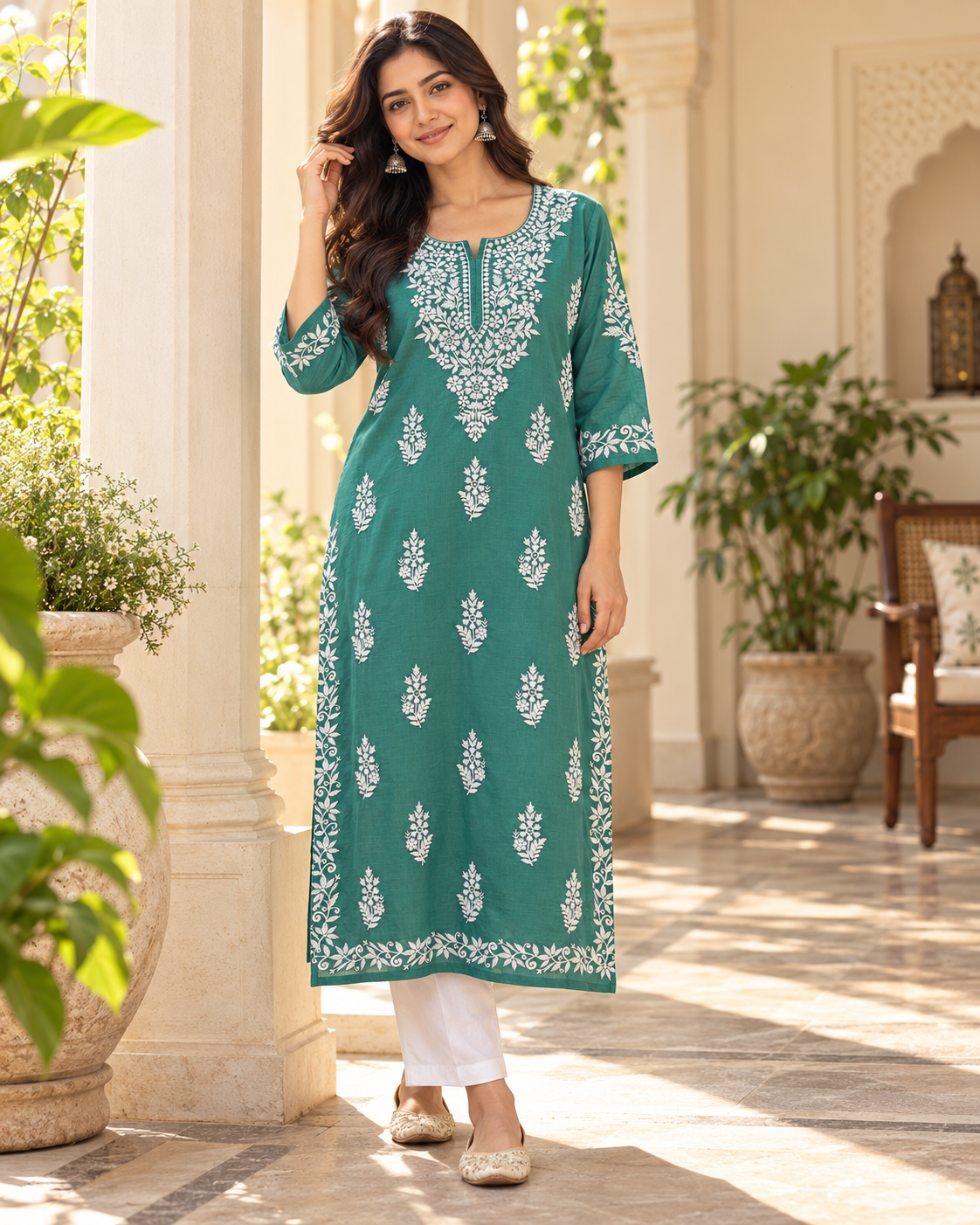 Jade Green Embroidered Cotton Kurta – Full front hero view