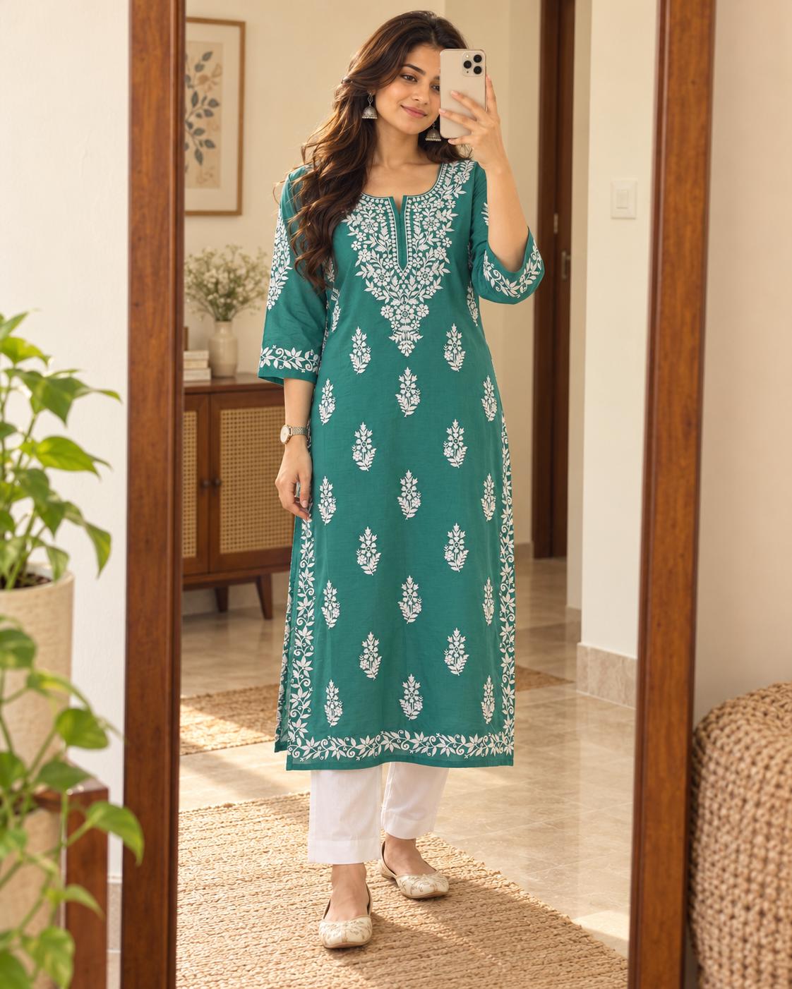 Jade Green Embroidered Cotton Kurta – Mirror selfie UGC style