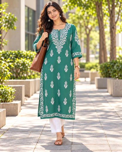 Jade Green Embroidered Cotton Kurta – Office walking styling with tote bag