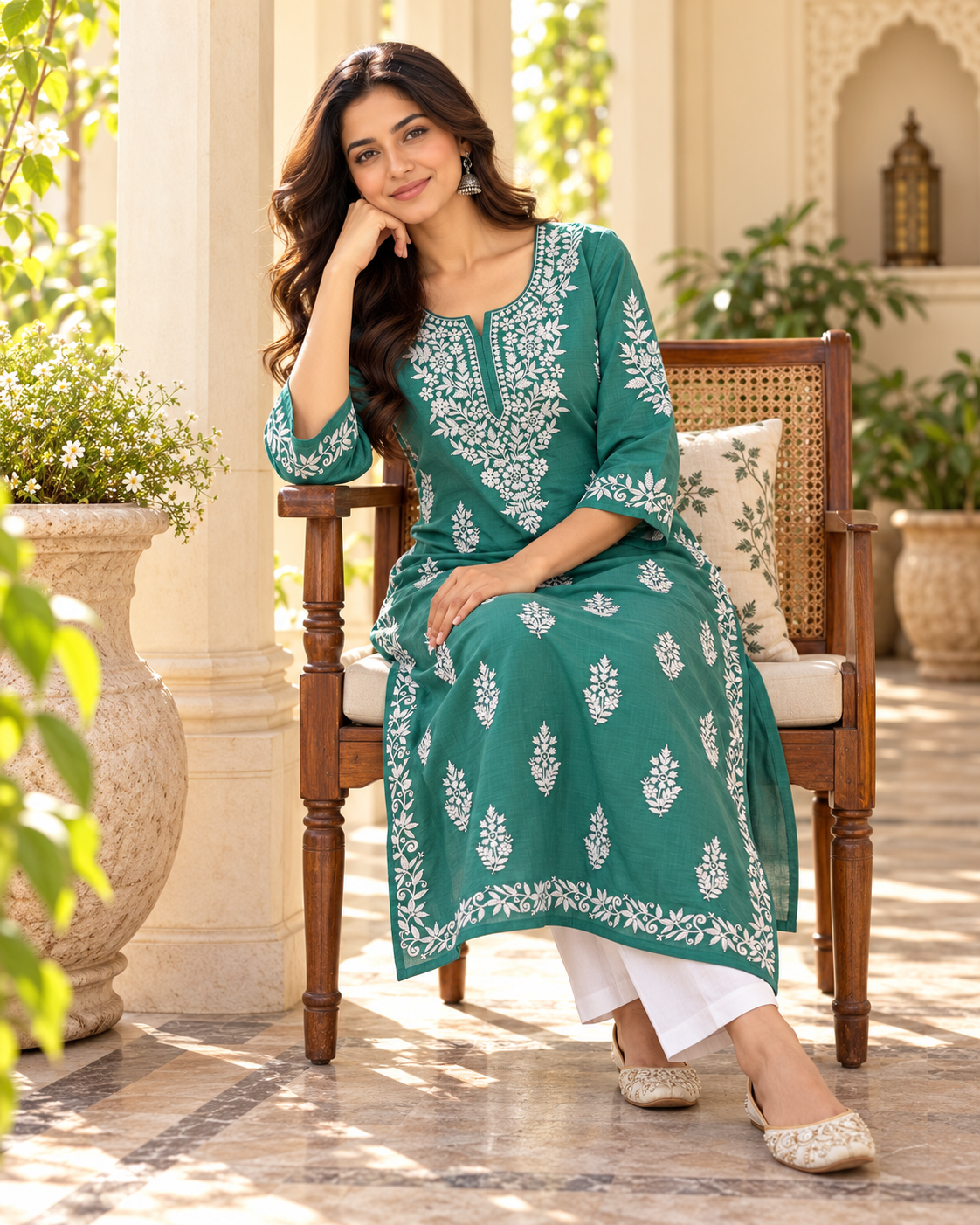 Jade Green Embroidered Cotton Kurta – Seated lifestyle photo